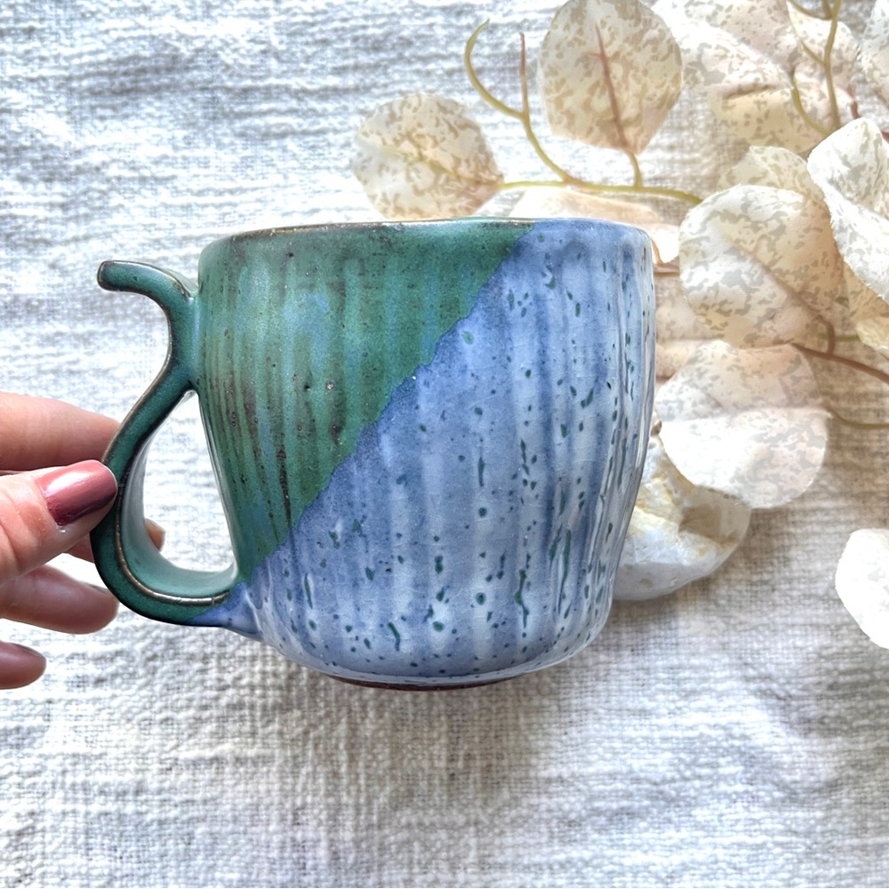 Handcrafted Pottery Blue/Green Coffee Cup Textured Two-toned Signed 16oz
